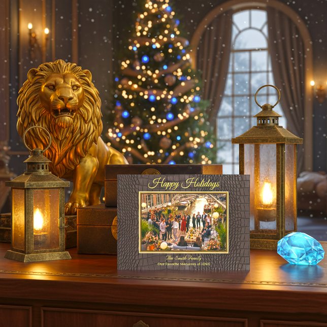 Tarjeta Festiva Foto de Textura de Caimán Marrón Falso Impreso (Luxury Brown Alligator Print Frame Photo Holiday Card)