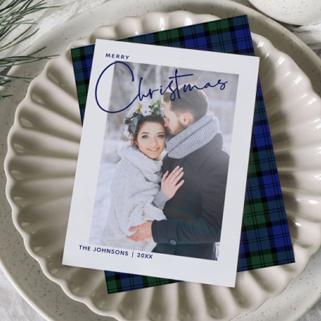 Tarjeta Festiva Foto de Trendy Blue Plaid Merry Christmas Script (Subido por el creador)