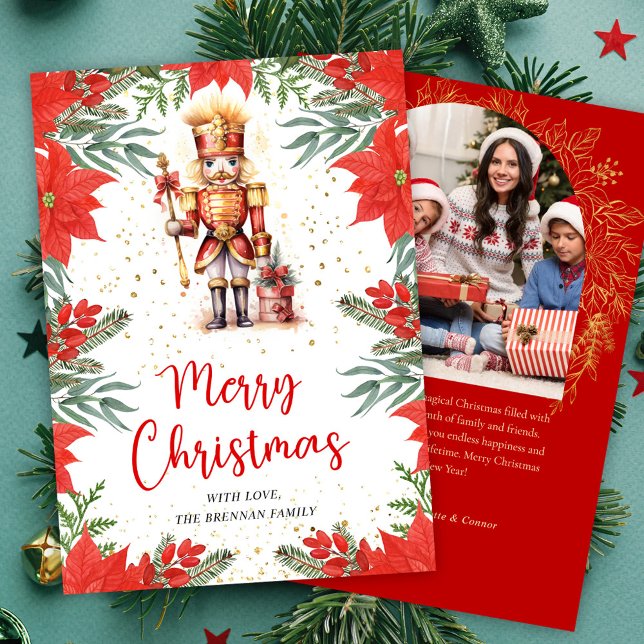 Tarjeta Festiva Foto de un cazador de nueces botánico Feliz Navida (Botanical Nutcracker Photo Merry Christmas Holiday Card)