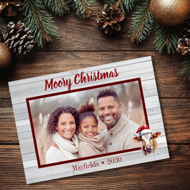 Tarjeta Festiva Foto de vaca de Navidades morosos (Moory Christmas flat photo card with jersey cow and barn wood)