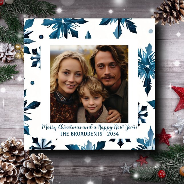 Tarjeta Festiva Foto de vacaciones cuadradas de copos de nieve azu (Subido por el creador)