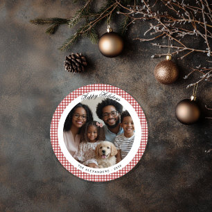 Tarjeta Festiva Foto de vacaciones de la Red Vintage Gingham Round