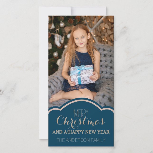Tarjeta Festiva Foto de vacaciones de Navidades de crema azul limp (Anverso)