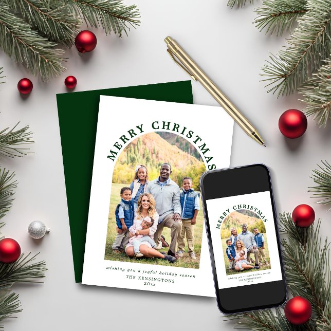 Tarjeta Festiva Foto de vacaciones de Navidades del Arco Verde Mod (Modern Green Arch Christmas Holiday Photo Card)