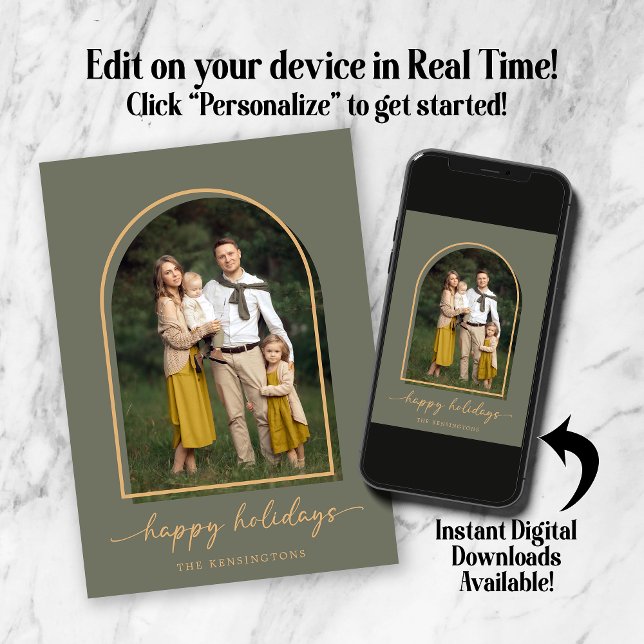 Tarjeta Festiva Foto de vacaciones elegante arco verde dorado (Elegant Arch Green Gold Holiday Photo Card. Personalize in real time! Instant downloads available!)