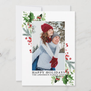 Tarjeta Festiva Foto de Watercolor Holly Greenery