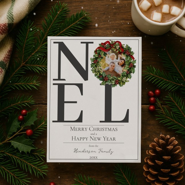 Tarjeta Festiva Foto de Wreath de Navidades de noel blanco (White Noel Christmas Wreath Photo Holiday Card)