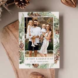 Tarjeta Festiva Foto De Wreath De Pino De Color Acuático Rústico