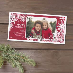 Tarjeta Festiva Foto: ¡Deja que nieve! Copos de nieve rojos y blan