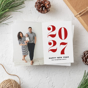 Tarjeta Festiva Foto del año nuevo 2027 con tipografía roja y negr