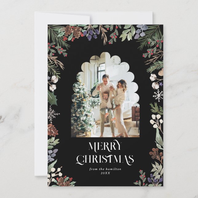 Tarjeta Festiva Foto del arco de Navidades botánicos de acuarela (Anverso)