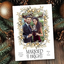 Tarjeta Festiva Foto del Boda Ornamentos Dorados Casados y Brillan