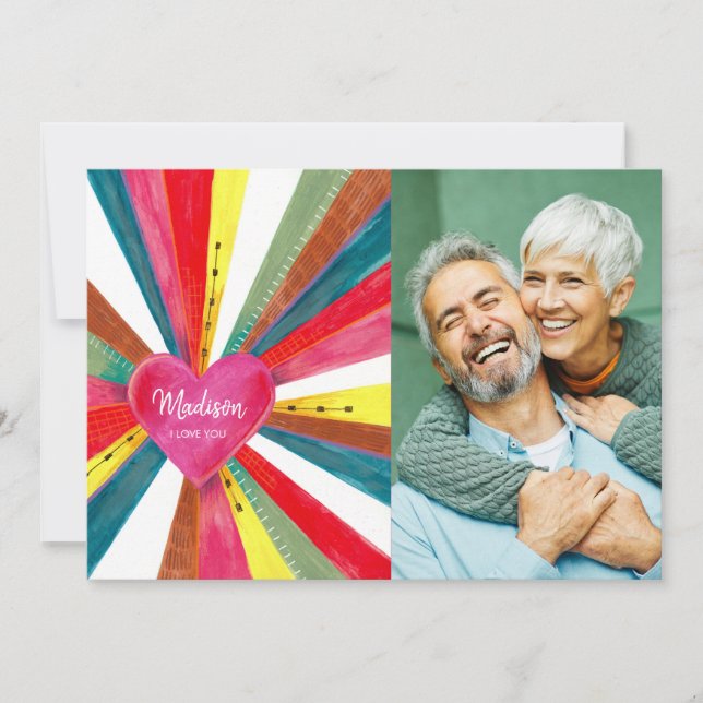 Tarjeta Festiva Foto del corazón del arcoiris rosado (Anverso)