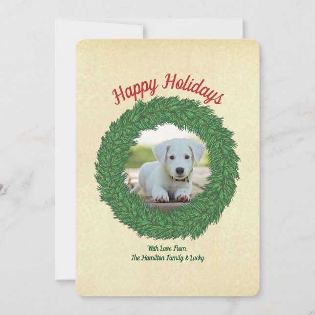 Tarjeta Festiva Foto del Mascota de Wreath de Happy Holidays Dog (Anverso)