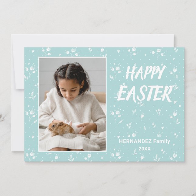 Tarjeta Festiva Foto del patrón floral Pastel Aqua Feliz Pascua (Anverso)