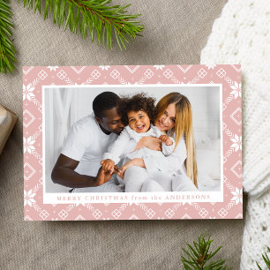 Tarjeta Festiva Foto del patrón nórdico de copos de nieve rosa