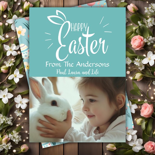 Tarjeta Festiva Foto del Personalizado Pastel Green Happy Easter (Pastel Green Happy Easter Custom Photo Holiday Card)