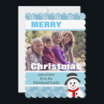 Tarjeta Festiva Foto del Personalizado Snowman and Snowflakes<br><div class="desc">Navidades tarjeta de foto plana con copos de nieve en azul y linda imagen de muñeco de nieve. Personaliza con tu propia foto y texto. Haga clic en "¡personalizar!" para cambiar la posición o cambiar el tamaño de la foto si es necesario.</div>