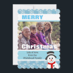 Tarjeta Festiva Foto del Personalizado Snowman and Snowflakes<br><div class="desc">Navidades tarjeta de foto plana con copos de nieve en azul y linda imagen de muñeco de nieve. Personaliza con tu propia foto y texto. Haga clic en "¡personalizar!" para cambiar la posición o cambiar el tamaño de la foto si es necesario.</div>