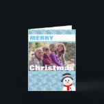 Tarjeta Festiva Foto del Personalizado Snowman and Snowflakes<br><div class="desc">Tarjeta de foto navideña con copos de nieve e imagen de muñeco de nieve. Personaliza con tu propia foto y texto. Haga clic en "¡personalizar!" para cambiar la posición o cambiar el tamaño de la foto si es necesario.</div>