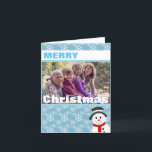 Tarjeta Festiva Foto del Personalizado Snowman and Snowflakes<br><div class="desc">Tarjeta de foto navideña con copos de nieve e imagen de muñeco de nieve. Personaliza con tu propia foto y texto. Haga clic en "¡personalizar!" para cambiar la posición o cambiar el tamaño de la foto si es necesario.</div>