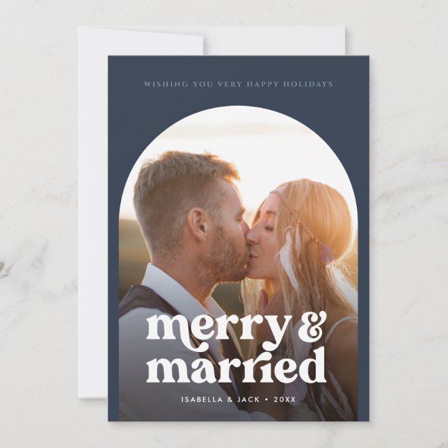 Tarjeta Festiva Foto del retro Boho Merry Married Naval (Anverso)