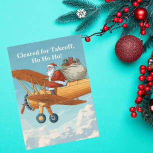 Tarjeta Festiva Foto divertida de avión vintage de piloto Santa Na
