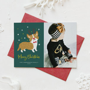 Tarjeta Festiva Foto divertida de Corgi Reno Navideño Feliz Navida