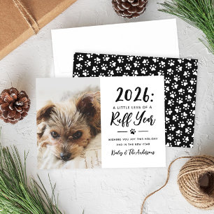 Tarjeta Festiva Foto divertida de perro en blanco y negro del año