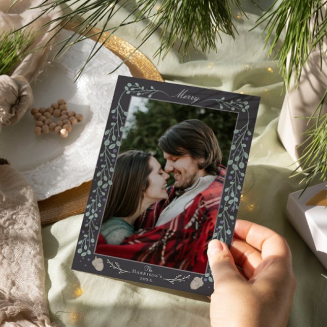 Tarjeta Festiva Foto doblada botánica de Navidades grises modernos (Subido por el creador)