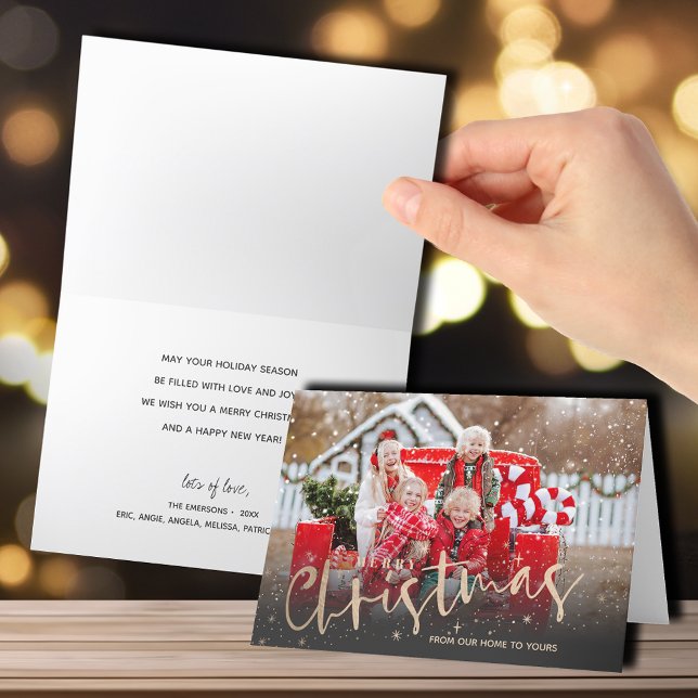 Tarjeta Festiva Foto doblada de Gold Merry Christmas (Gold Merry Christmas script folded photo holiday cards)