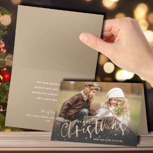 Tarjeta Festiva Foto doblada de Gold Merry Christmas