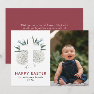 Tarjeta Festiva Foto elegante moderna floral y cruz feliz Pascua