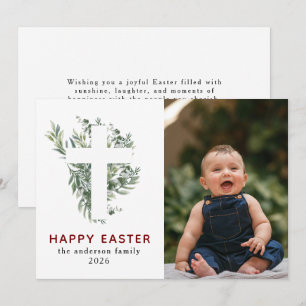 Tarjeta Festiva Foto elegante moderna floral y cruz feliz Pascua