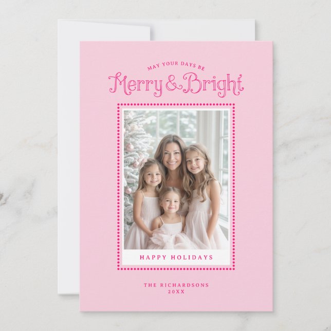 Tarjeta Festiva Foto Elegante Rosa Merry Bright (Anverso)