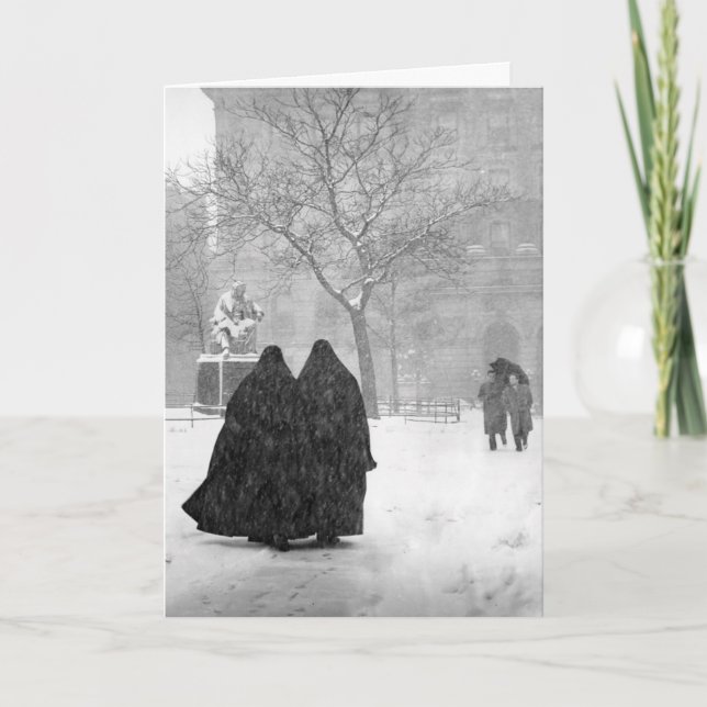 Tarjeta Festiva Foto en blanco y negro de monjas en la nieve en 19 (Anverso)