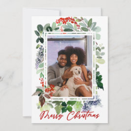 Tarjeta Festiva Foto enmarcada de acebo rojo de Feliz Navidad, reg