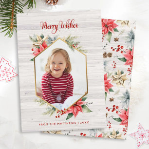 Tarjeta Festiva Foto enmarcada de la granja Poinsettia Rustic Hexa