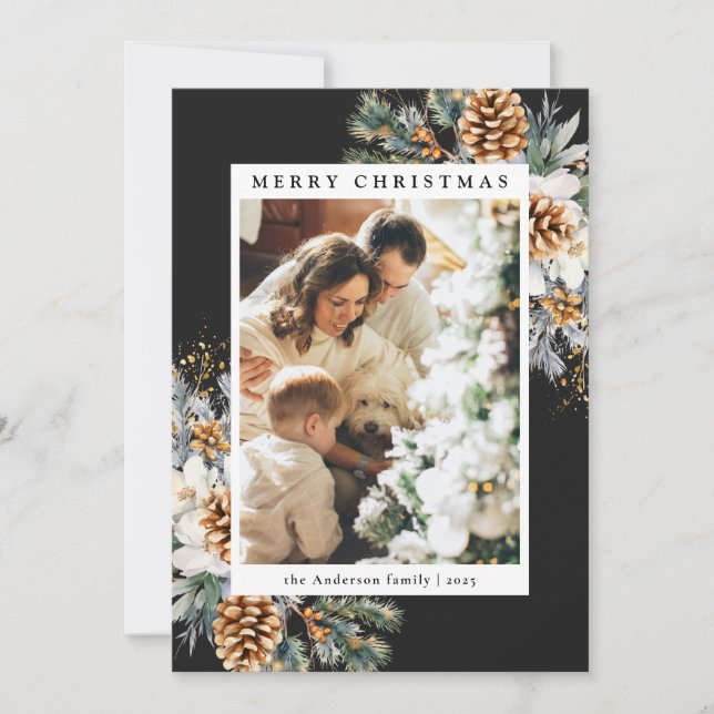 Tarjeta Festiva Foto familiar acuarela Navidades botánicos negros (Anverso)