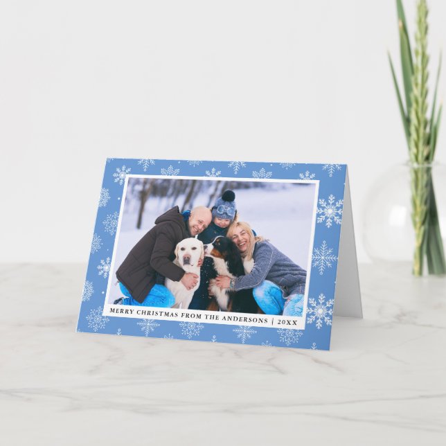 Tarjeta Festiva Foto familiar Blue Merry Christmas Snflakes (Anverso)