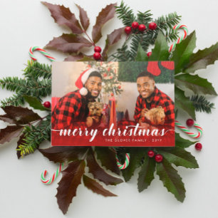 Tarjeta Festiva Foto familiar Calligrafía blanca roja Feliz Navida