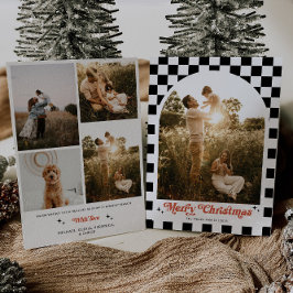 Tarjeta Festiva Foto Familiar con Arco a Cuadros Retro