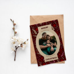 Tarjeta Festiva Foto familiar con doodle de flores de marrón