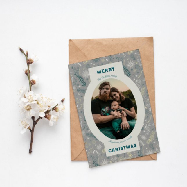 Tarjeta Festiva Foto familiar con doodle floral gris (Subido por el creador)