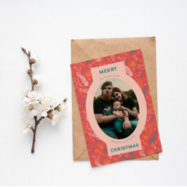 Tarjeta Festiva Foto familiar con doodle floral naranja