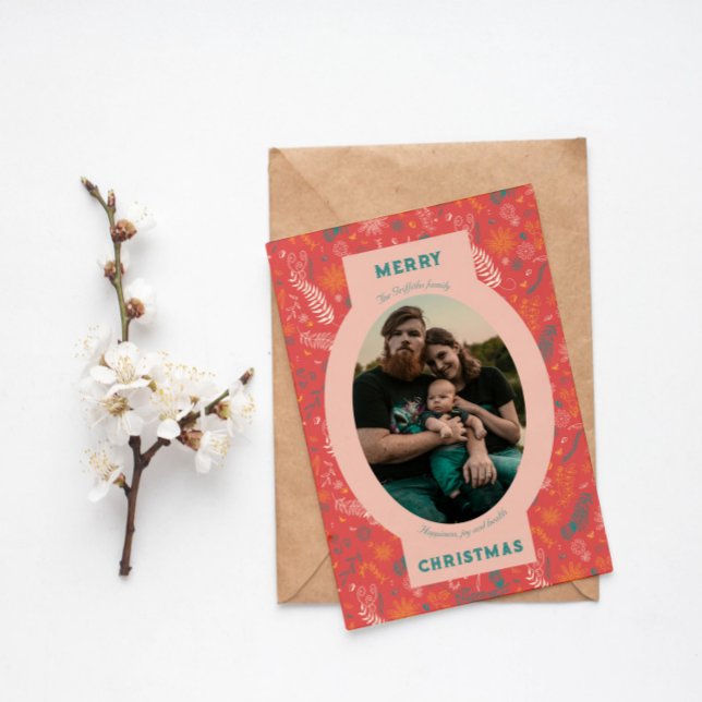 Tarjeta Festiva Foto familiar con doodle floral naranja (Subido por el creador)