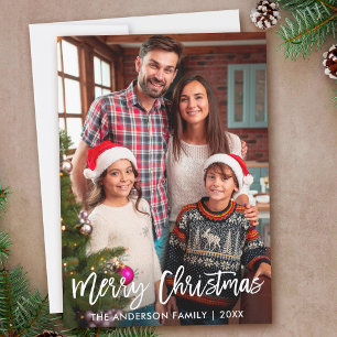 Tarjeta Festiva Foto familiar con guión moderno de cepillo Feliz N