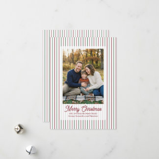 Tarjeta Festiva Foto familiar con raya navideña y texto rojo