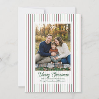 Tarjeta Festiva Foto familiar con raya navideña y texto verde