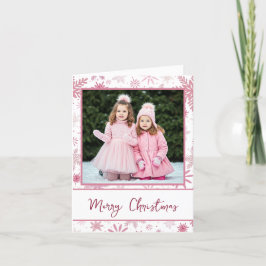 Tarjeta Festiva Foto Familiar Copos de Nieve Rosa Felicitaciones d